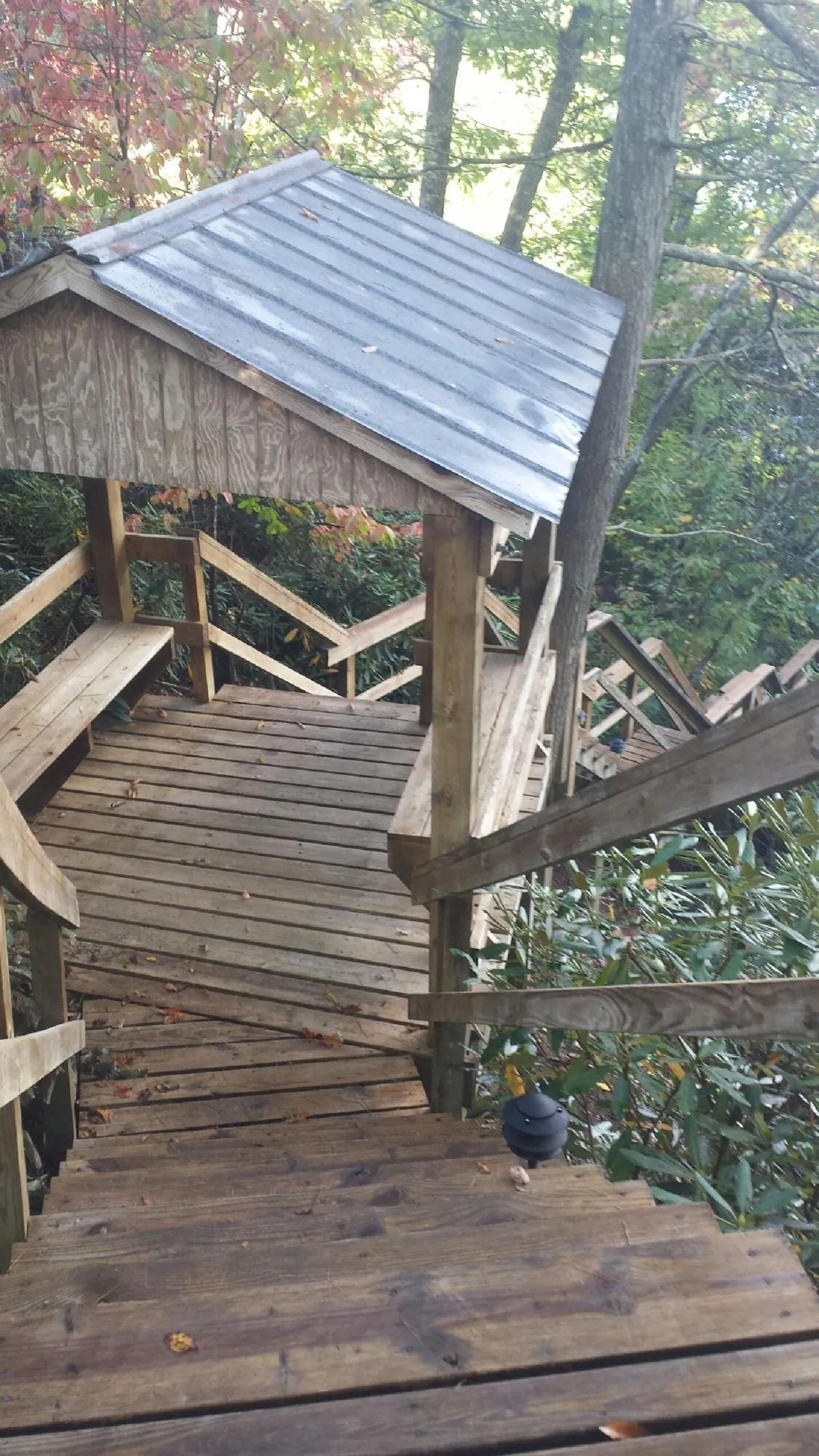 Metal roofed shelter over wooden steps on a wooded walkway — Skylight Repair & Installation work by our crew in Rappahannock Academy